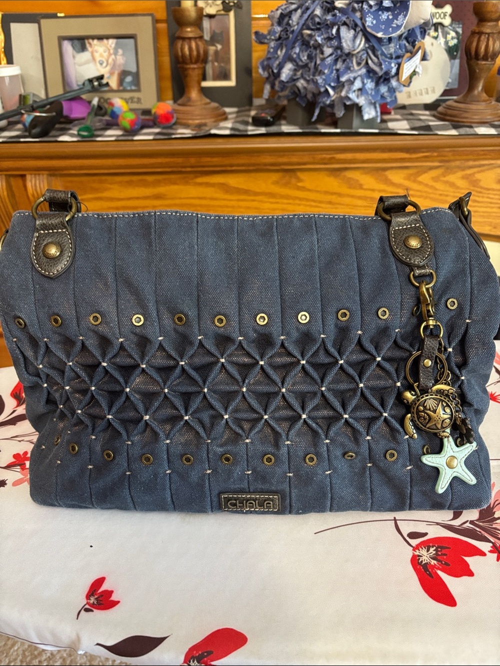 Chala Navy Quilted Denim Shoulder Bag with Starfish Charm